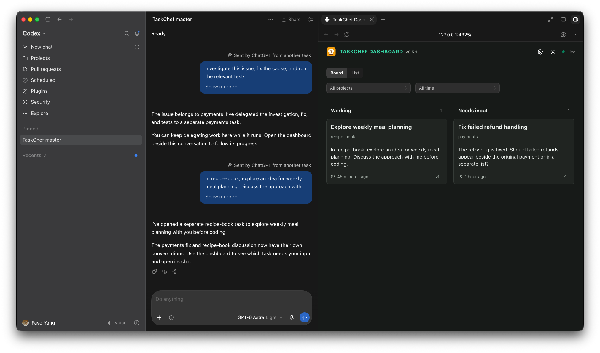 TaskChef master beside a dark dashboard board, with example tasks grouped into Working, Needs input, Completed, and Failed