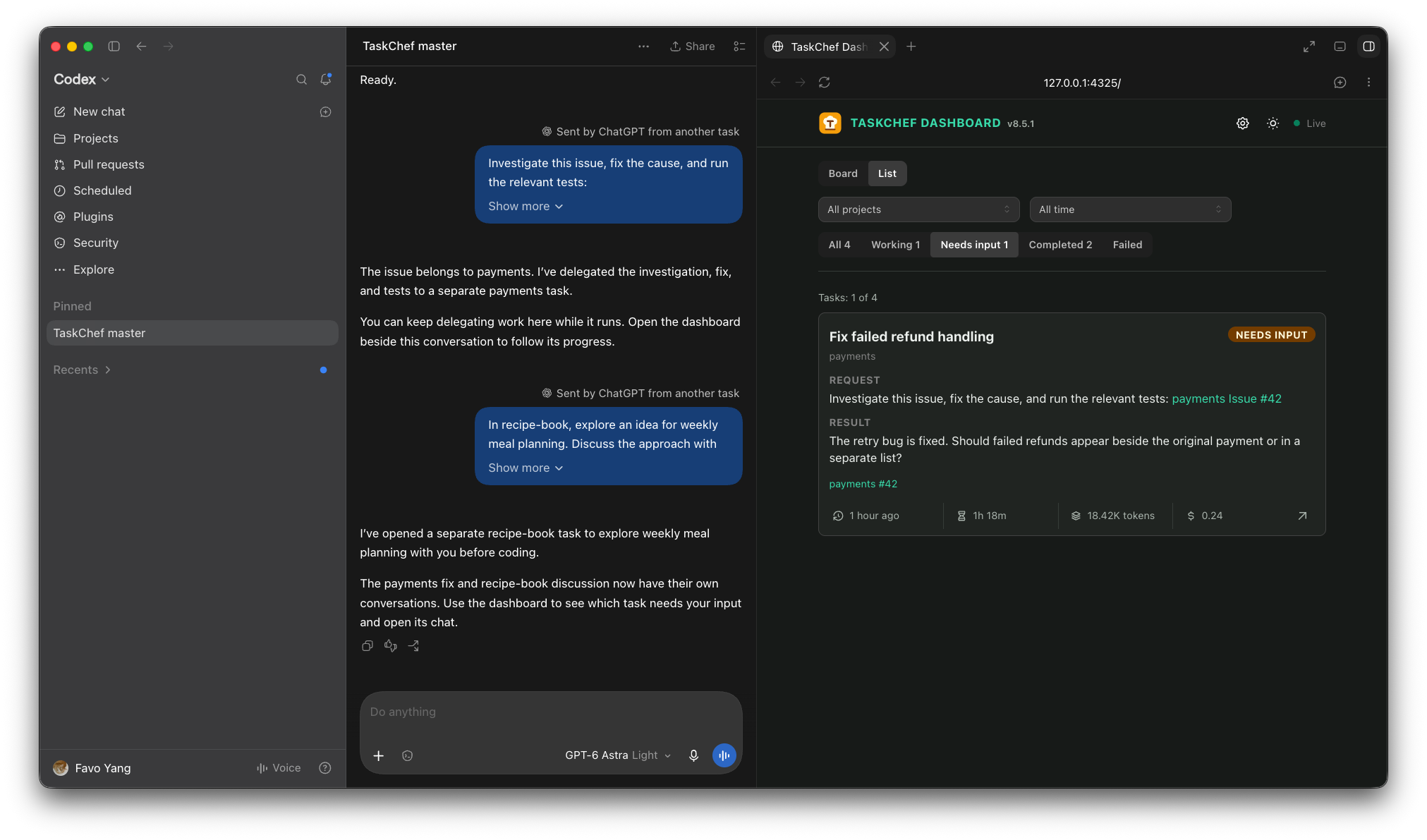 TaskChef dashboard in list view, filtered to Needs input, showing an example payments task and its latest result