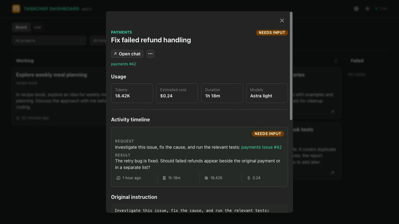 TaskChef details for a demo payments task showing Needs input, token usage, estimated cost, duration, model, and activity timeline