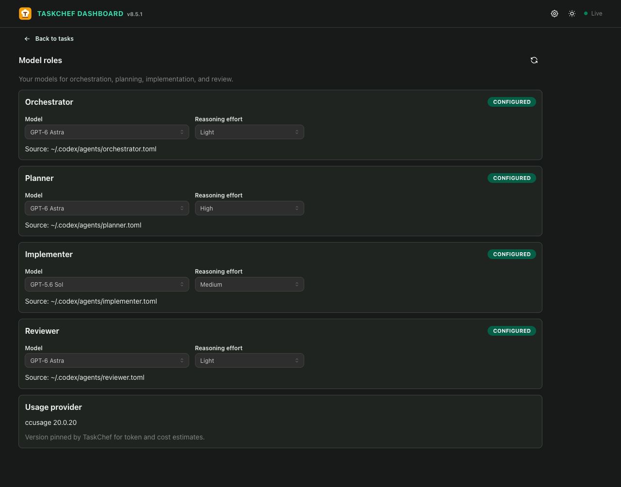 Dark TaskChef settings page with model and reasoning-effort selectors for Orchestrator, Planner, Implementer, and Reviewer